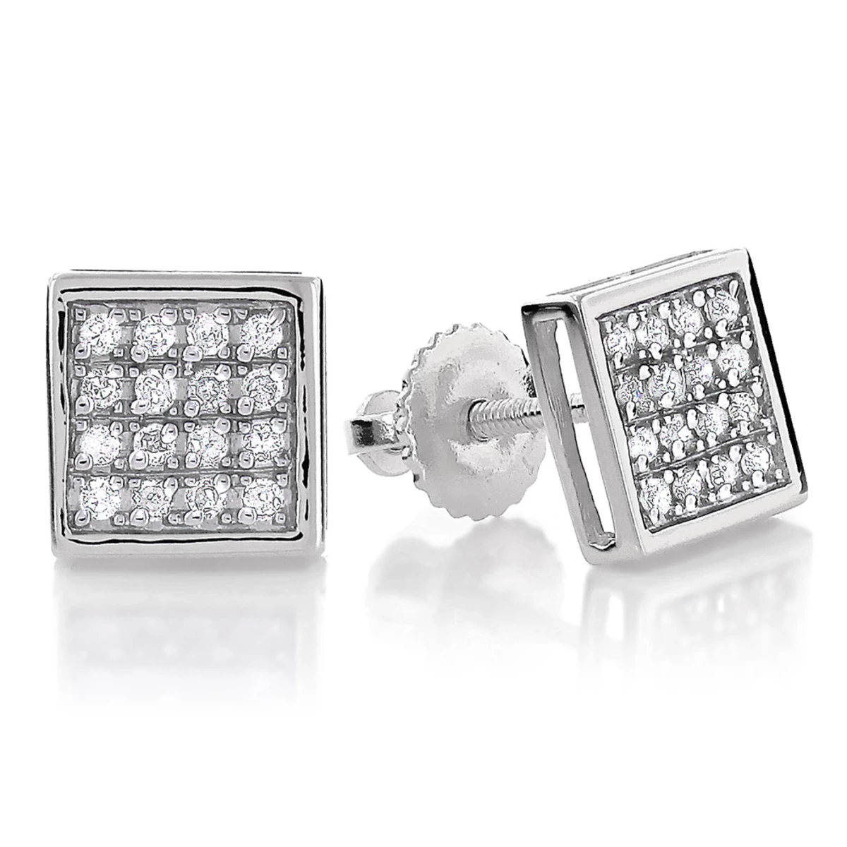 10K White Gold Square Pave Diamond Stud Earrings 0.19ct