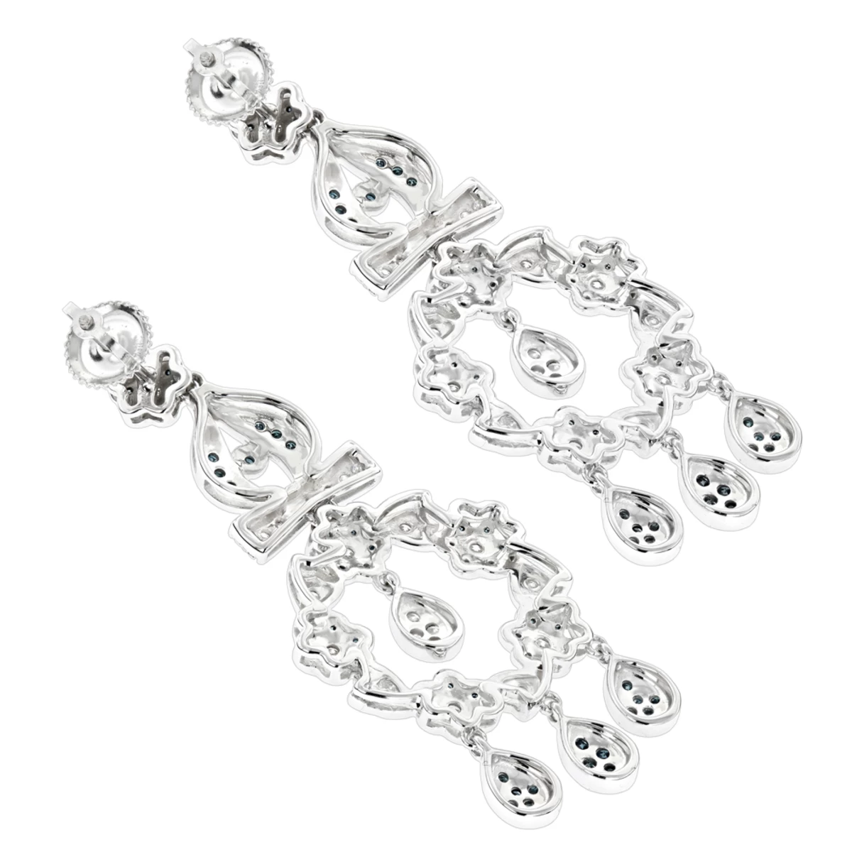 14K White Gold Blue Diamond Flower Chandelier Earrings 1.61ct - Image 4