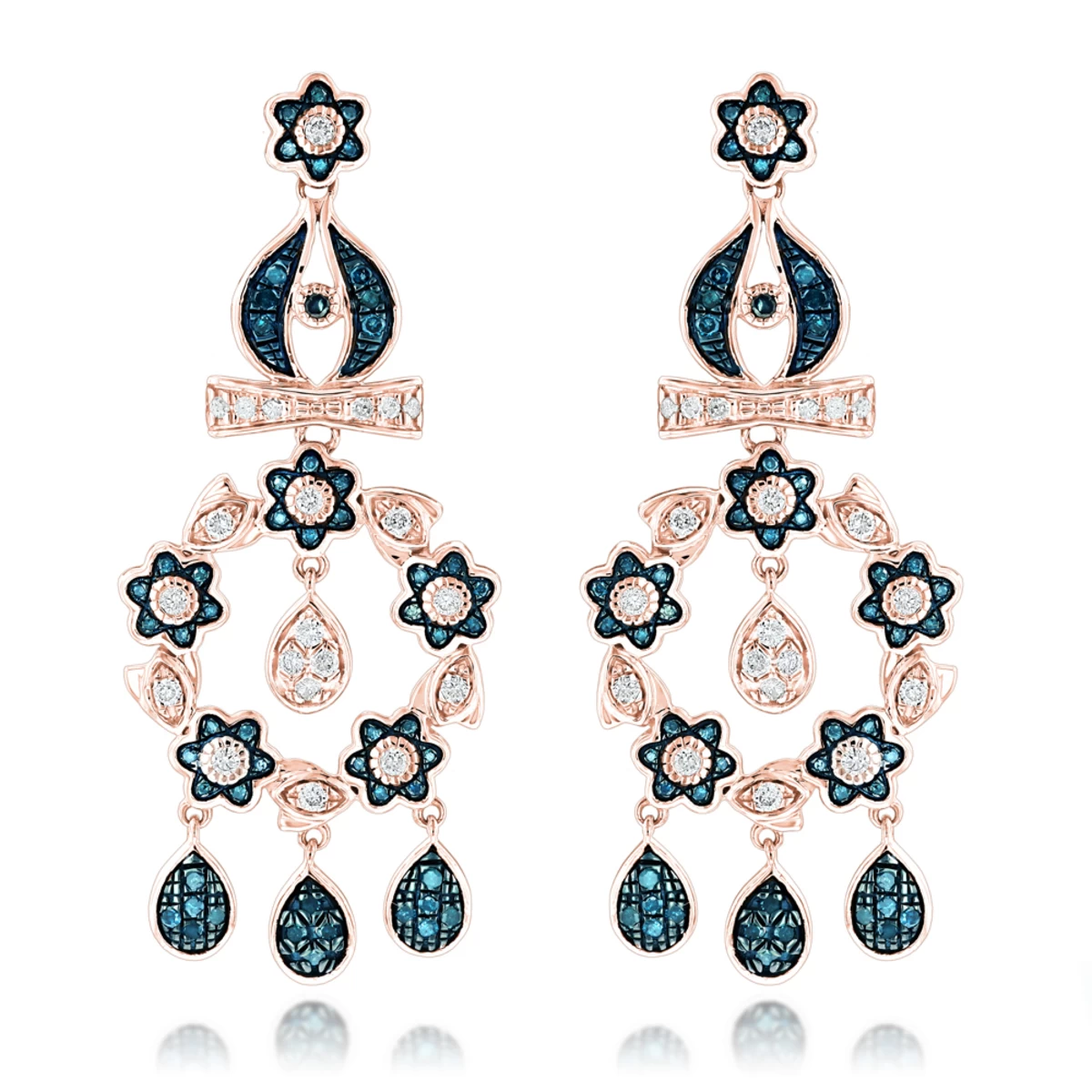 14K White Gold Blue Diamond Flower Chandelier Earrings 1.61ct - Image 3