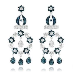 14K White Gold Blue Diamond Flower Chandelier Earrings 1.61ct