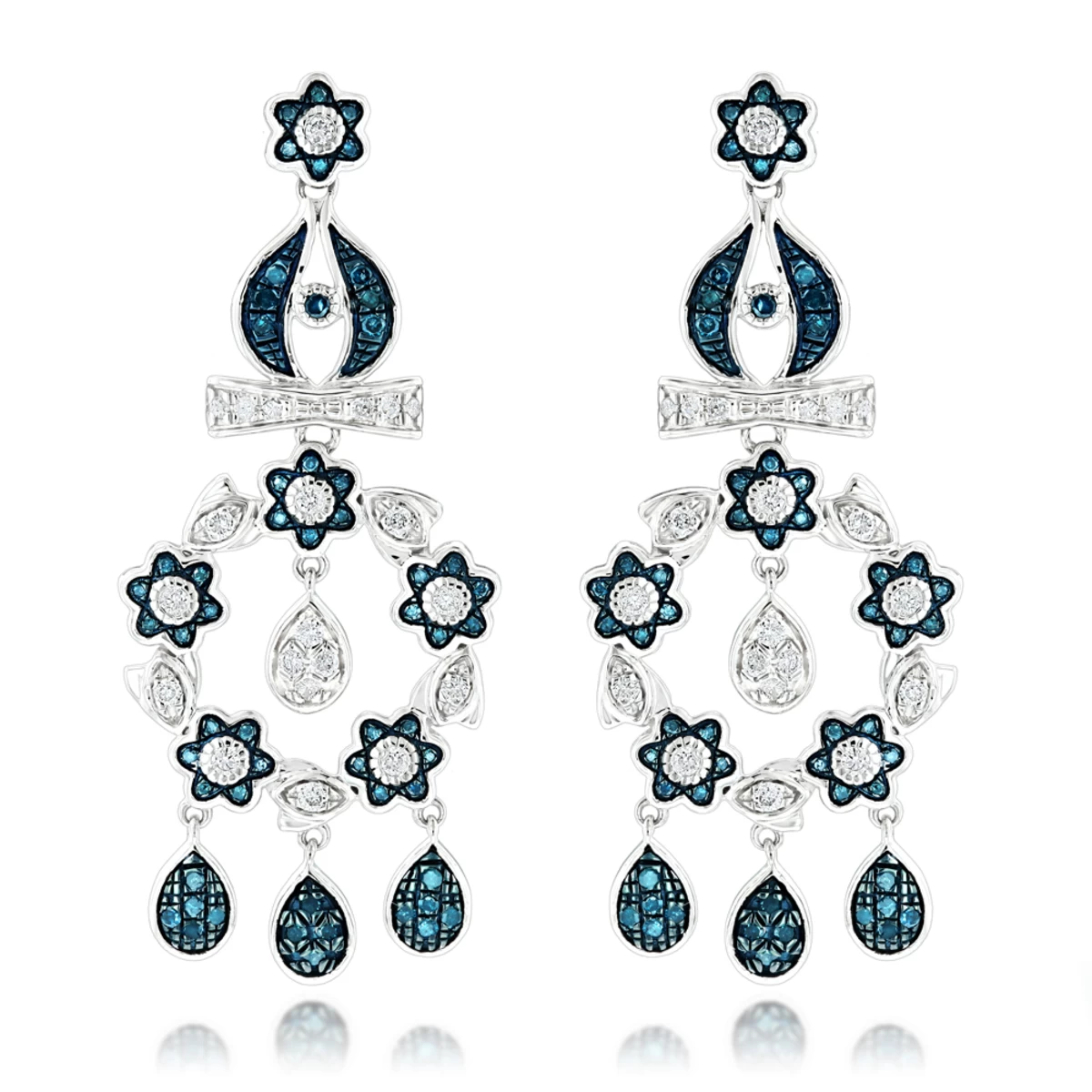 14K White Gold Blue Diamond Flower Chandelier Earrings 1.61ct