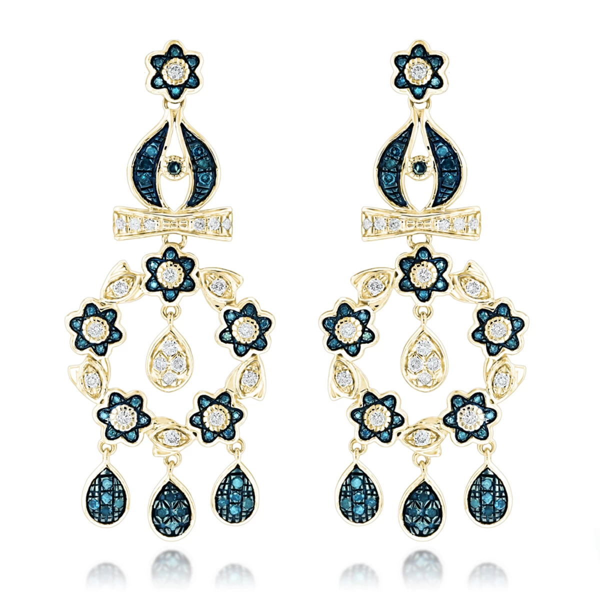 14K White Gold Blue Diamond Flower Chandelier Earrings 1.61ct - Image 2