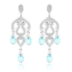 14K White Gold Diamond Chandelier Earrings Blue Topaz 0.37ct