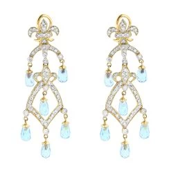 14K Yellow Gold Diamond Chandelier Earrings Blue Topaz 0.55ct