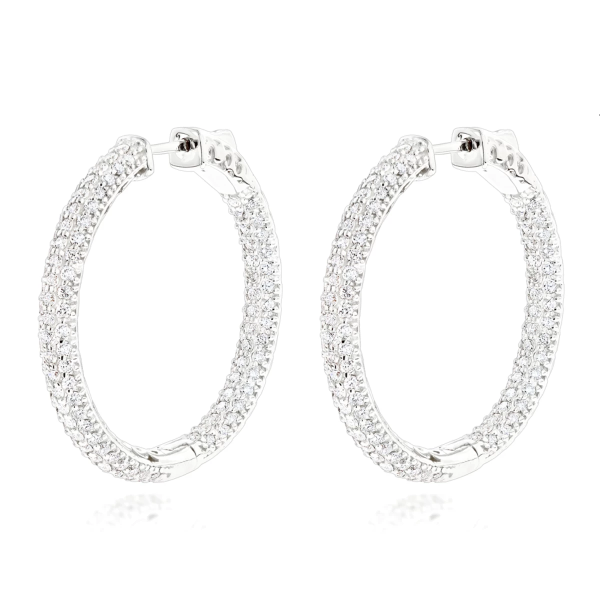 14K White Gold 1 3/8 Inch Diamond Hoop Earrings Inside Out 4.40ct
