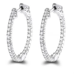 14K White Gold 1 Inch Inside Out Diamond Hoop Earrings 0.6ct By Luxurman