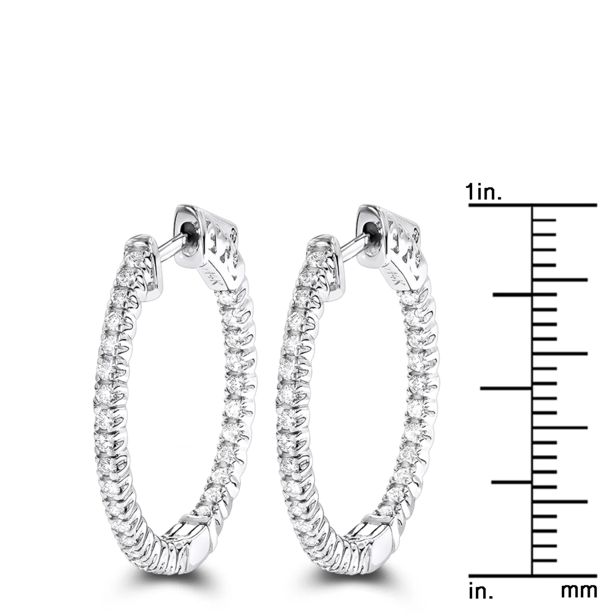 14K White Gold 1 Inch Inside Out Diamond Hoop Earrings 0.6ct By Luxurman - Image 6