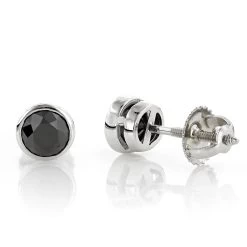 14K White Gold Black Diamond Earrings Bezel Set Studs 1.25ct