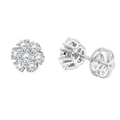 14K White Gold Cluster Flower Diamond Stud Earrings For Women 0.75ct By Luxurman
