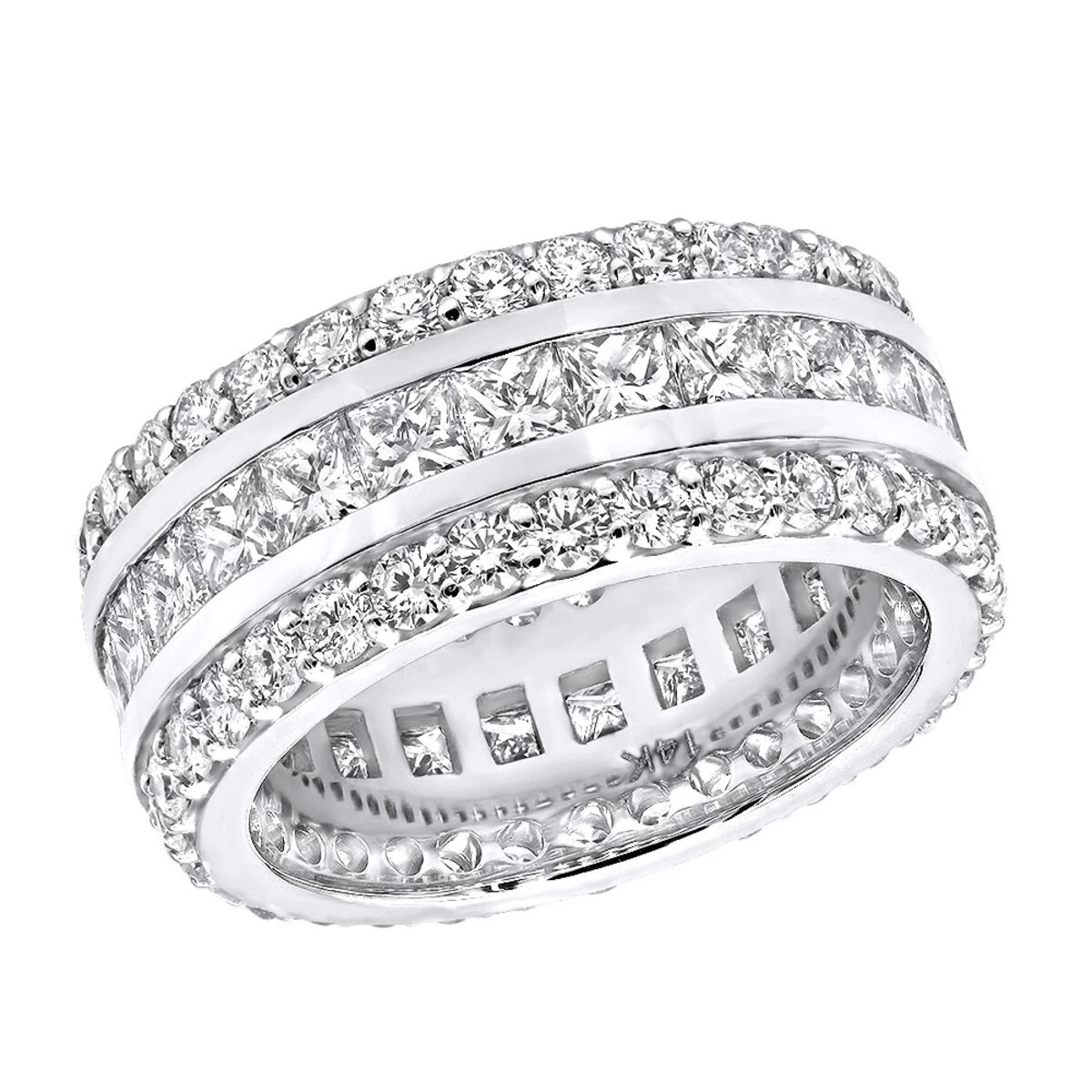 14K White Gold Round And Princess Cut Diamond Eternity Ring 10mm Wide 5.68ct