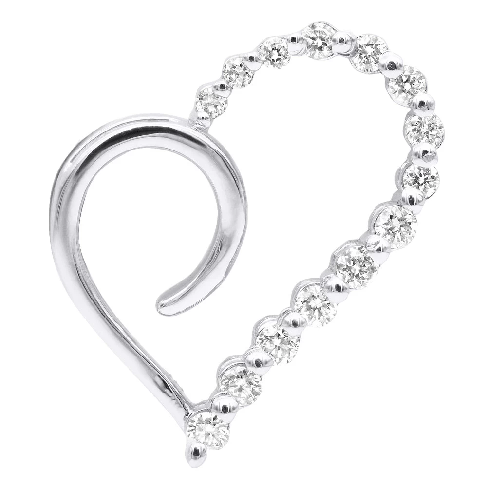 14K White Gold Diamond Small Open Heart Pendant For Women By Luxurman 0.2ct