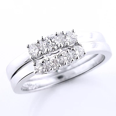 Affordable Diamond Three Stone Engagement Ring Set W Wedding Band 14K White Gold - Image 2