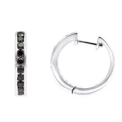 14K White Gold Hoop Huggie Black 0.6 Carat Diamond Earrings For Women