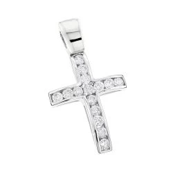 14K White Gold Round Diamond Mini Cross Pendant 0.85ct