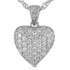 14K White Gold Round Diamond Pave Heart Pendant 0.50ct 15mm