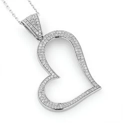 14K White Gold Round Pave Diamond Heart Pendant 0.5ct