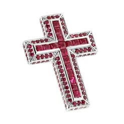 14K White Gold Ruby Cross Pendant Round Princess Cut 2.85ct By Luxurman