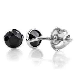 14K White Gold Solitaire Black Round Diamond Bezel Stud Earrings 1.5ct