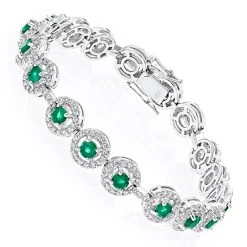 Women's 18K White Gold Diamond And Emerald Bracelet 2.52dtw 3.56stw