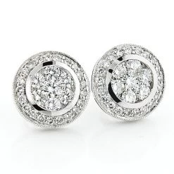 2 Carat Designer Diamond Cluster Earrings Studs 14K White Gold