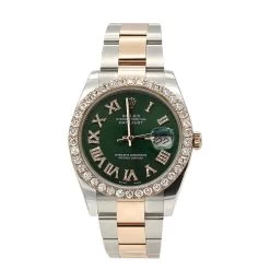 41mm Rose Gold Men's Rolex Datejust Diamond Bezel Watch Green Dial Oyster Bracelet