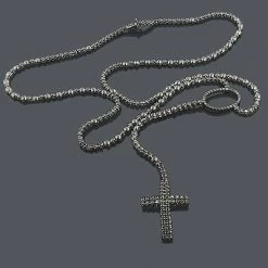 Black Rhodium 10K White Gold Black Diamond Rosary Chain Necklace
