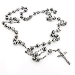 Black Silver Rosary Bead Necklace