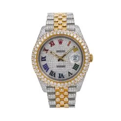 Iced Out Rolex Diamond Watch For Men 41mm Two Tone Datejust Color Dial 17.75ct