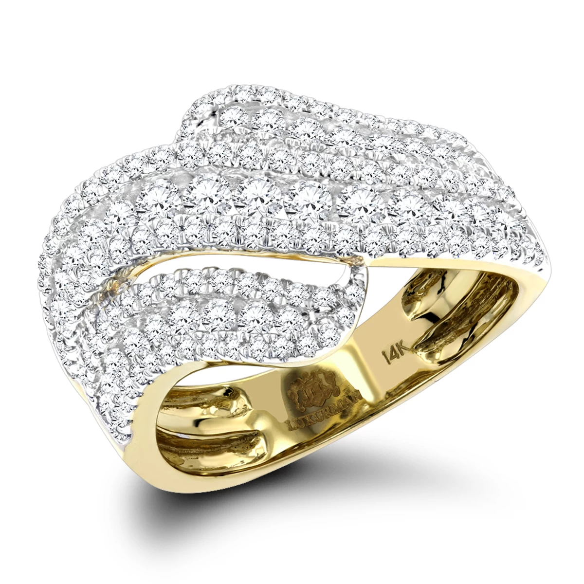 Luxurman Massive Ladies Diamond Wave Cocktail Ring 14K Yellow Gold 1.65ct