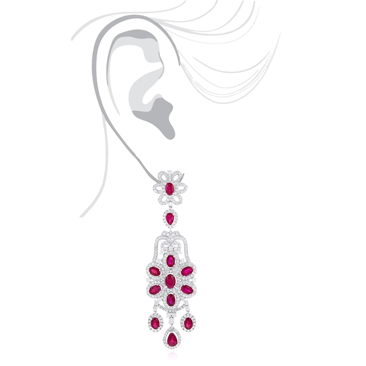 14K White Gold Designer Chandelier Ruby Diamond Earrings By Luxurman - Image 5