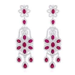 14K White Gold Designer Chandelier Ruby Diamond Earrings By Luxurman