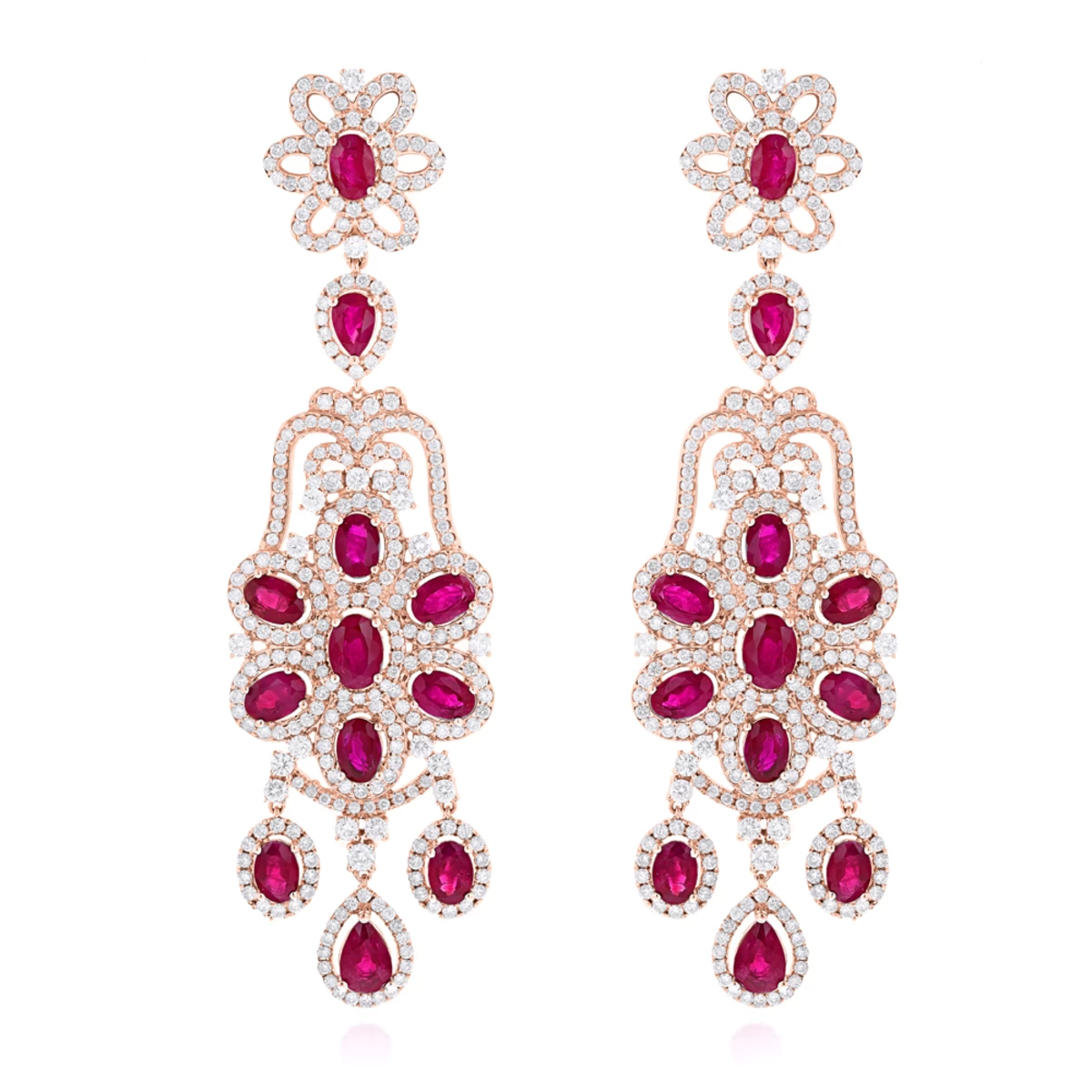 14K White Gold Designer Chandelier Ruby Diamond Earrings By Luxurman - Image 3