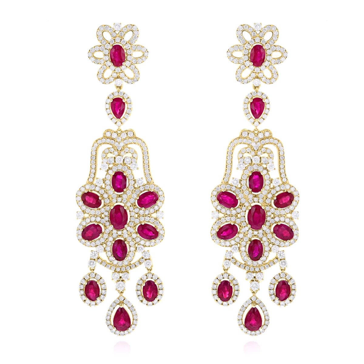 14K White Gold Designer Chandelier Ruby Diamond Earrings By Luxurman - Image 2