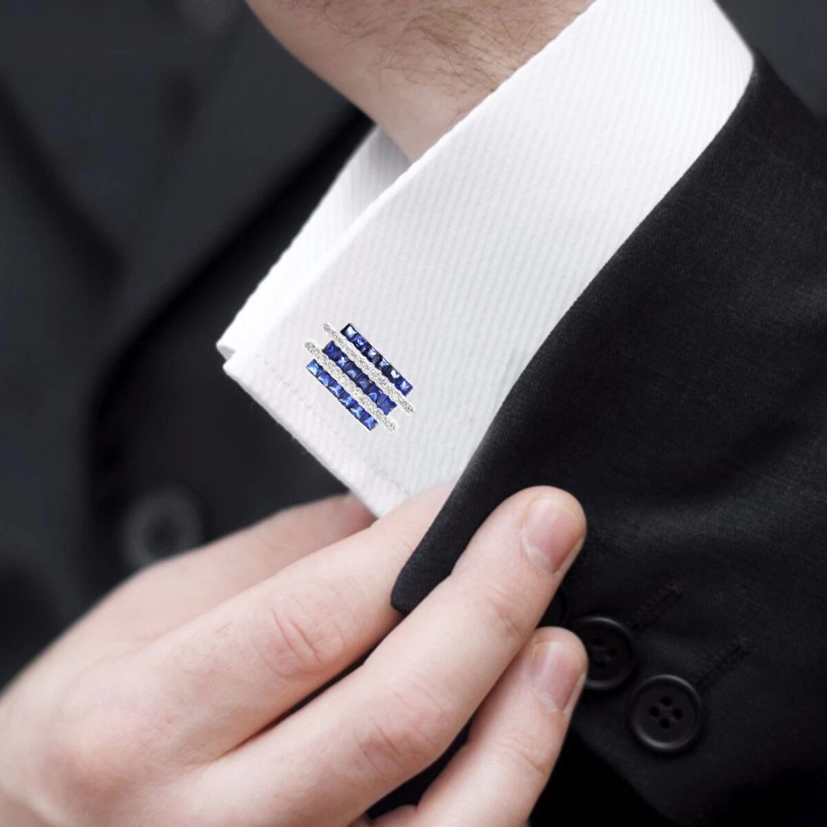 Diamond And Sapphire Cufflinks For Men 14K White Gold Unique Gift 4.5ct - Image 4