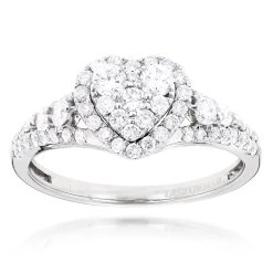 Heart Shaped Diamod Engagement Ring 14K White Gold 1 Carat Cluster Diamonds