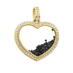 14K Yellow Gold White Black Diamonds Ladies Diamond Heart Shaker Pendant 8ct Moving Stones