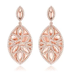 Diamond Flower Earrings For Women 14K Rose Gold Drop Earrings Leafs Design 1 Carat