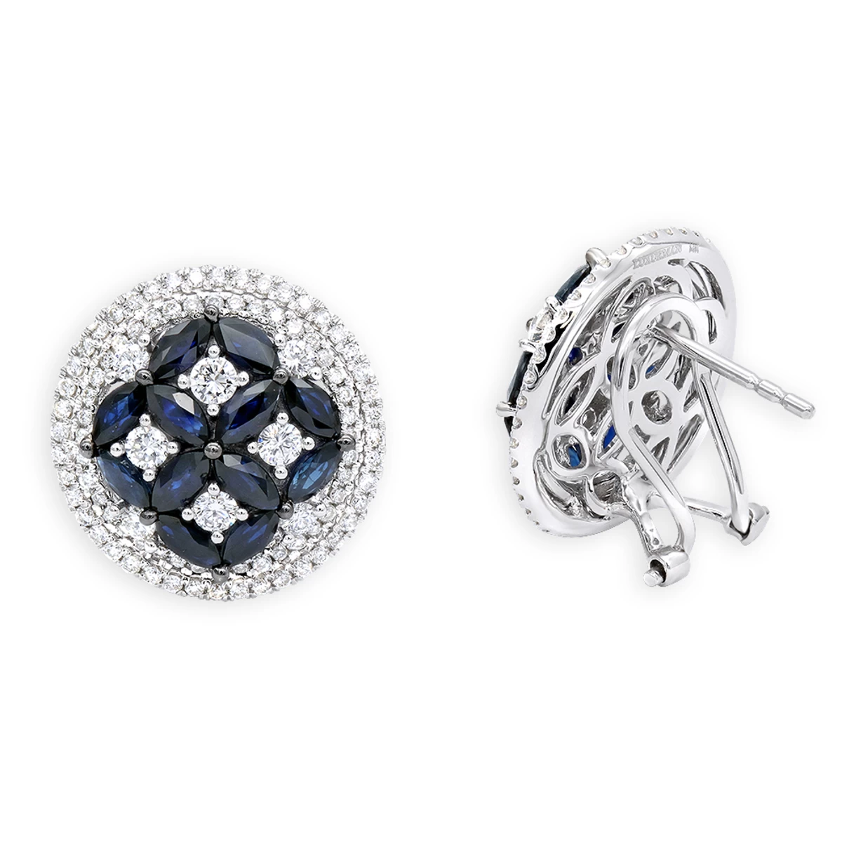 Royal Halo Circle Diamond Earrings For Women With Sapphires 14K White Gold