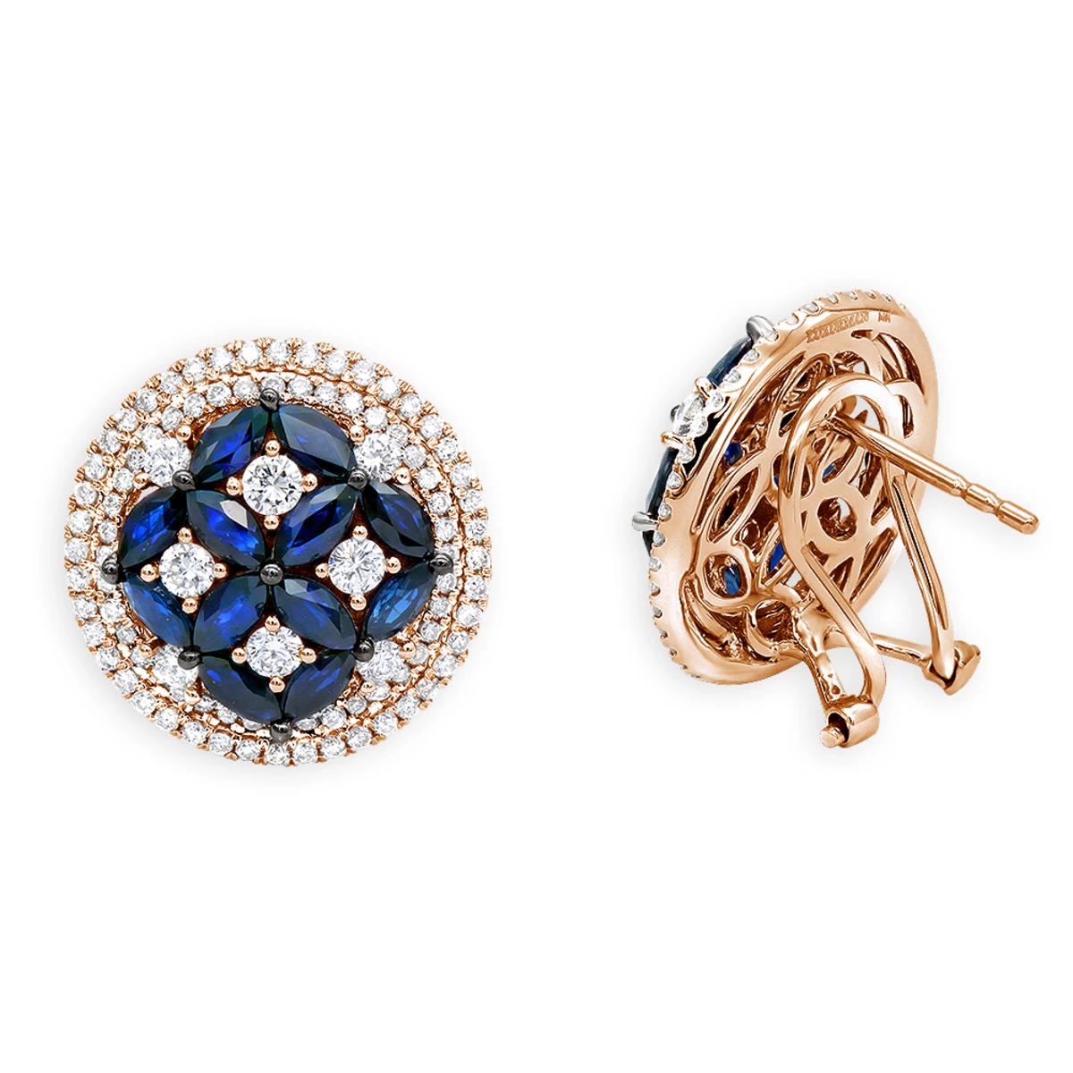 Royal Halo Circle Diamond Earrings For Women With Sapphires 14K White Gold - Image 3