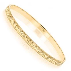 Solid 14K Yellow Gold Floral Bangle Bracelet For Women By Luxurman