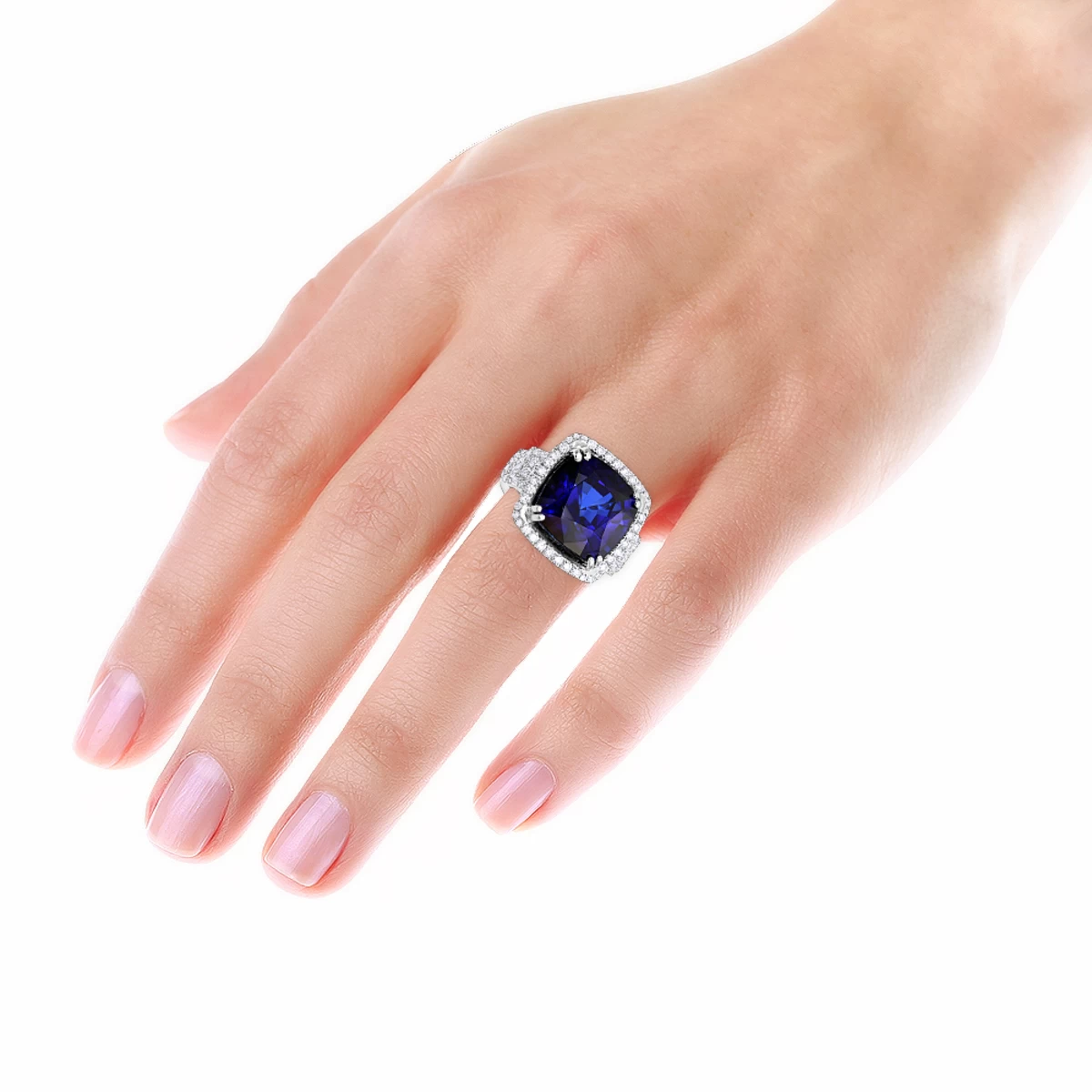 Unique 29.33 Carat Radiant Blue Sapphire & Diamond Ring For Women 18K White Gold - Image 5