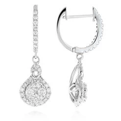Ladies Diamond Drop Earrings By Luxurman 14K White Gold 1.1ct Drop Shape Clusters