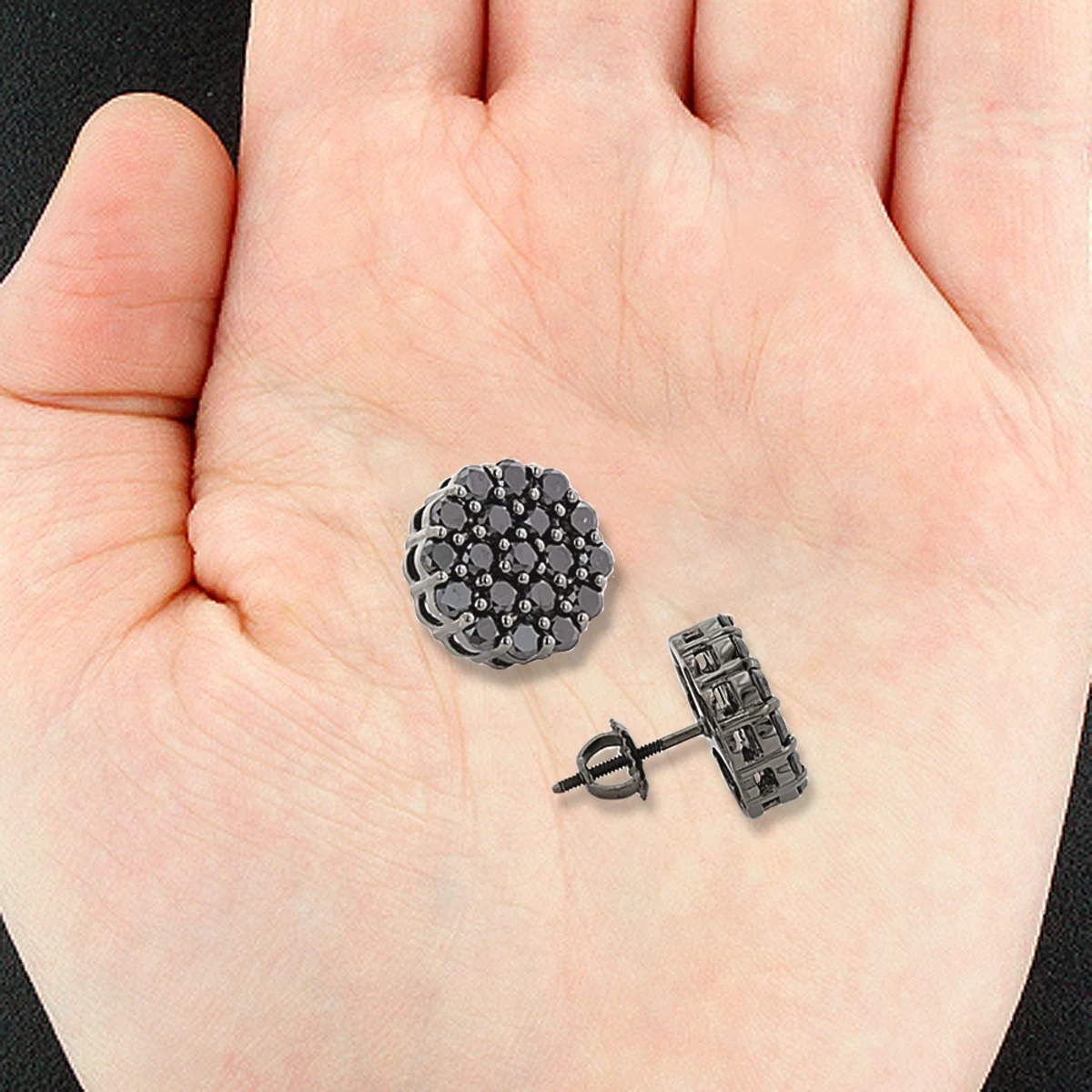 Large Black Diamond Cluster Earrings 3.5 Ct 10K Black Plated Gold Studs - Image 4