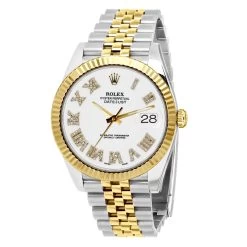 Men's Diamond Watch Rolex Datejust 41mm White Roman Numerals Dial