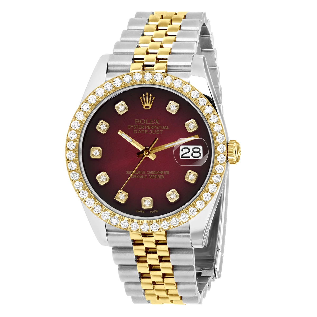 Men's Gold Rolex Datejust 41mm Dark Red Dial Jubilee Bracelet Diamond Bezel