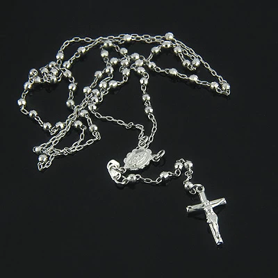 Rosary Beads 14K White Gold Small Rosary Bead Necklace