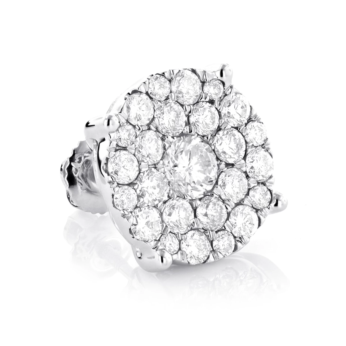 Single Oversized Cluster Men's 18K Rose Gold Round Diamond Stud Earring 2ct