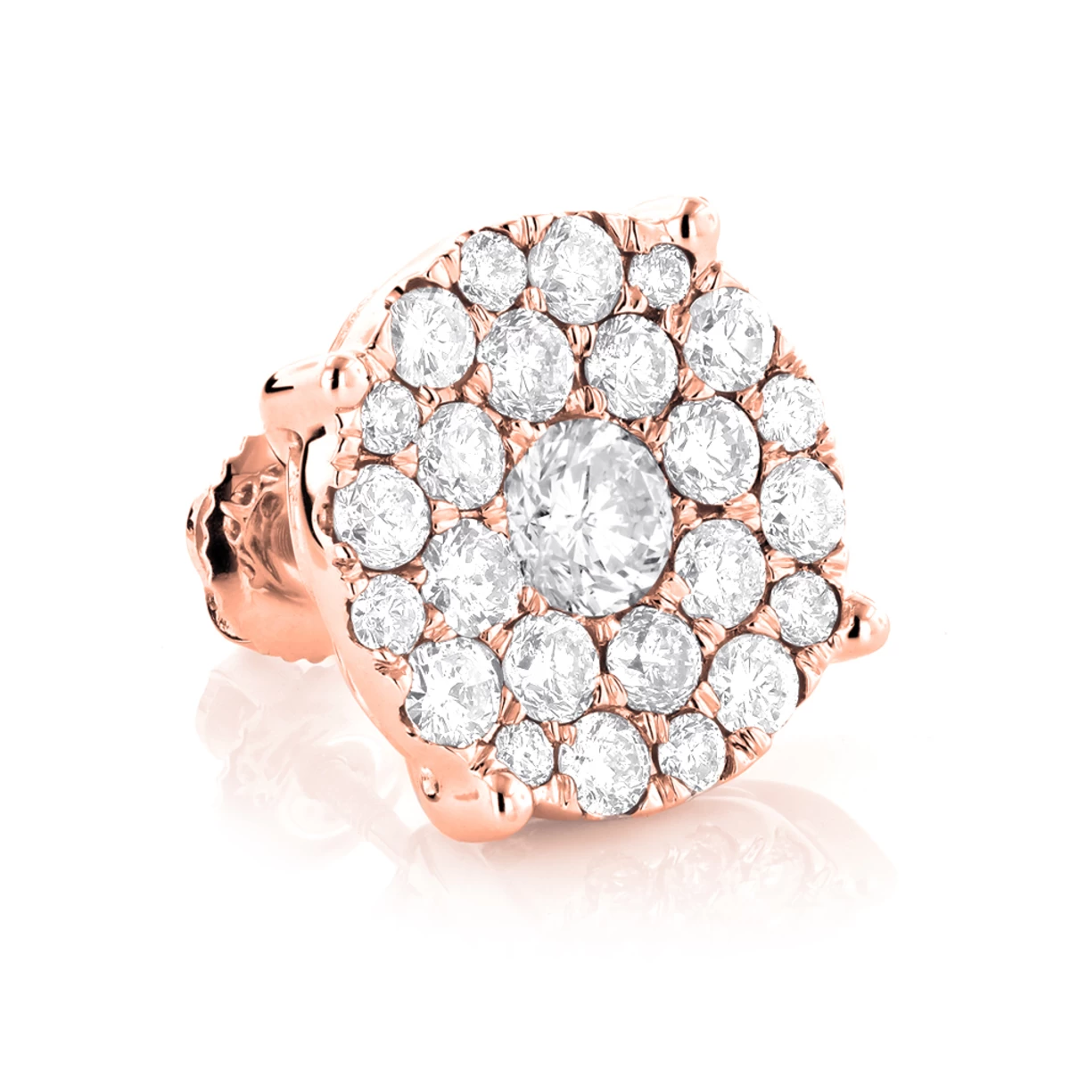 Single Oversized Cluster Men's 18K Rose Gold Round Diamond Stud Earring 2ct - Image 5