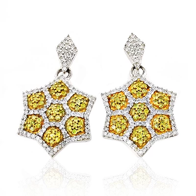 Star Dangle Earrings With White And Yellow Diamonds 0.80ct 14K Yellow Gold