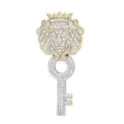 Unique 10K Yellow Gold Diamond King Lion Head Pendant With Key For Men 1 Carat